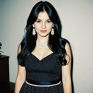 Confident Woman in Stylish Black Dress with Polka Dots