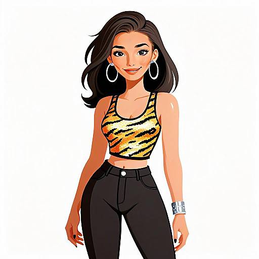 Glam Rock Style Woman with Pretty Face and Hair in Trendy Outfit Illustration