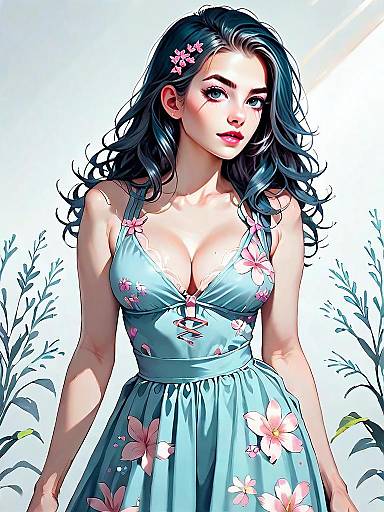 Realistic Anime Style Woman in Vibrant Coral Floral Tankini Set