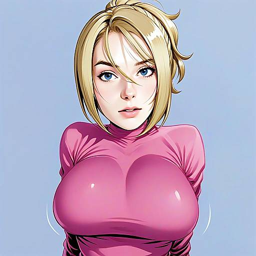 Aoyama Style Blonde Woman in Pink Top Digital Anime Illustration
