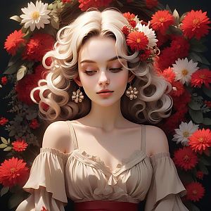 Serene Woman with Blonde Hair in Floral Setting