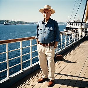 Elderly Man Standing on Ship Deck by the Sea in Straw Hat