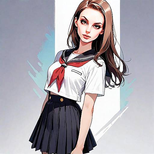 Anime Style Young Woman in Japanese School Uniform Illustration