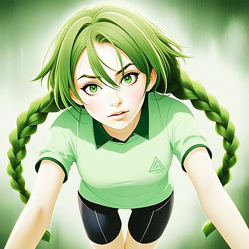 Anime Girl with Green Braids Wearing Sports Polo and Cycling Shorts