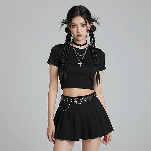Trendy Gen Z Woman in Edgy All-Black Outfit with Braided Hair