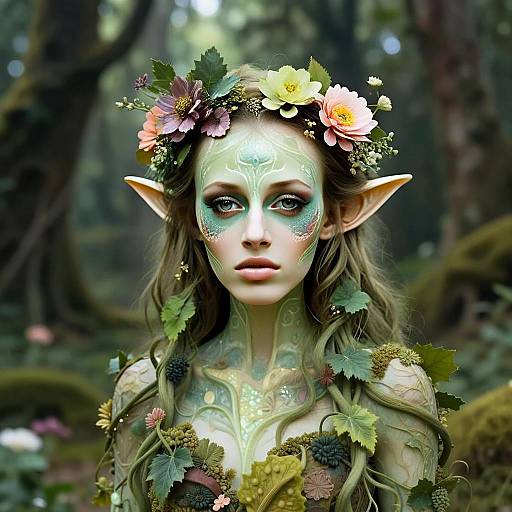 Mystical Forest Elf Woman with Floral Crown and Intricate Green Face Paint