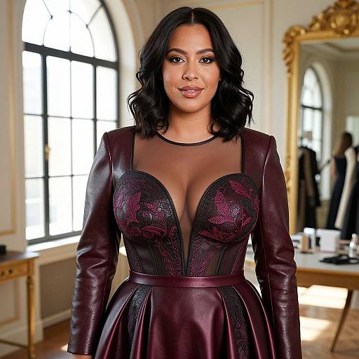 Elegant Woman in Burgundy Leather Dress with Embroidered Details