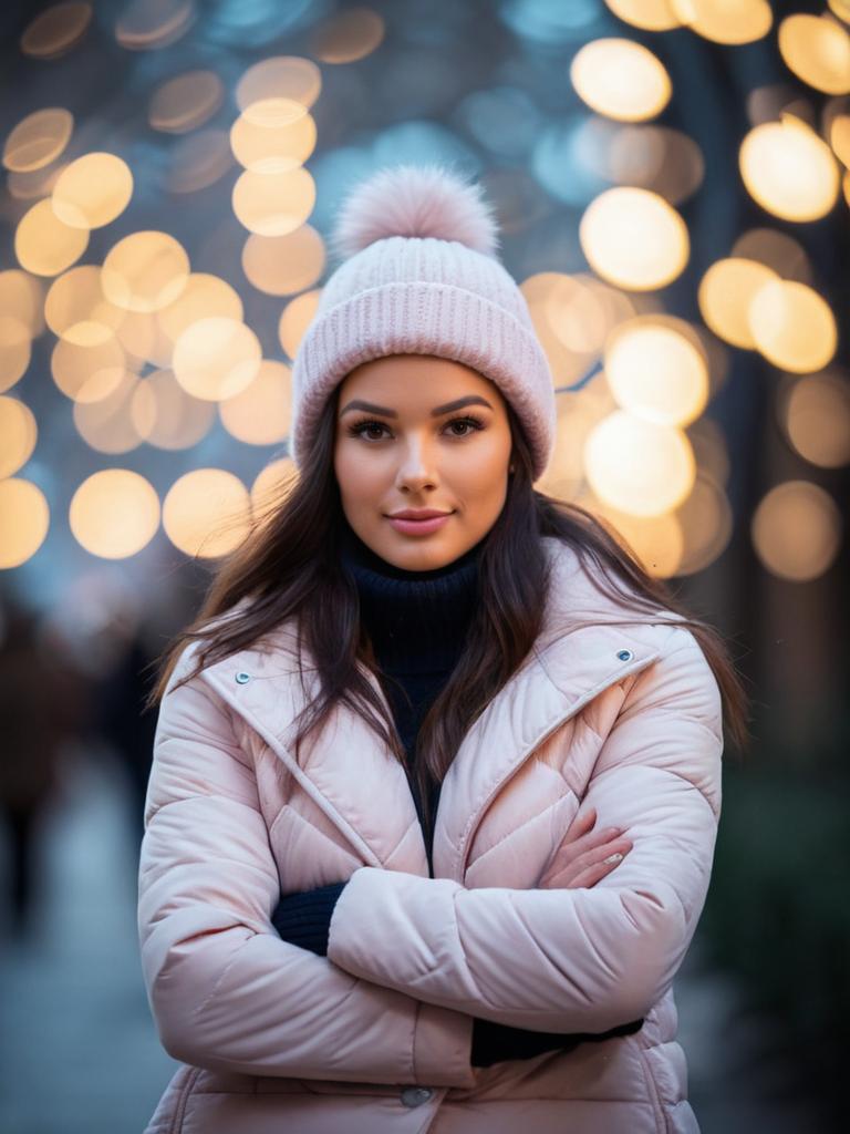 Woman in Pastel Pink Puffer Jacket and Knit Beanie Winter Fashion