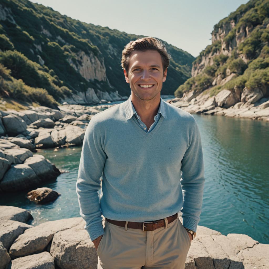 Cheerful man by serene river in lush hills