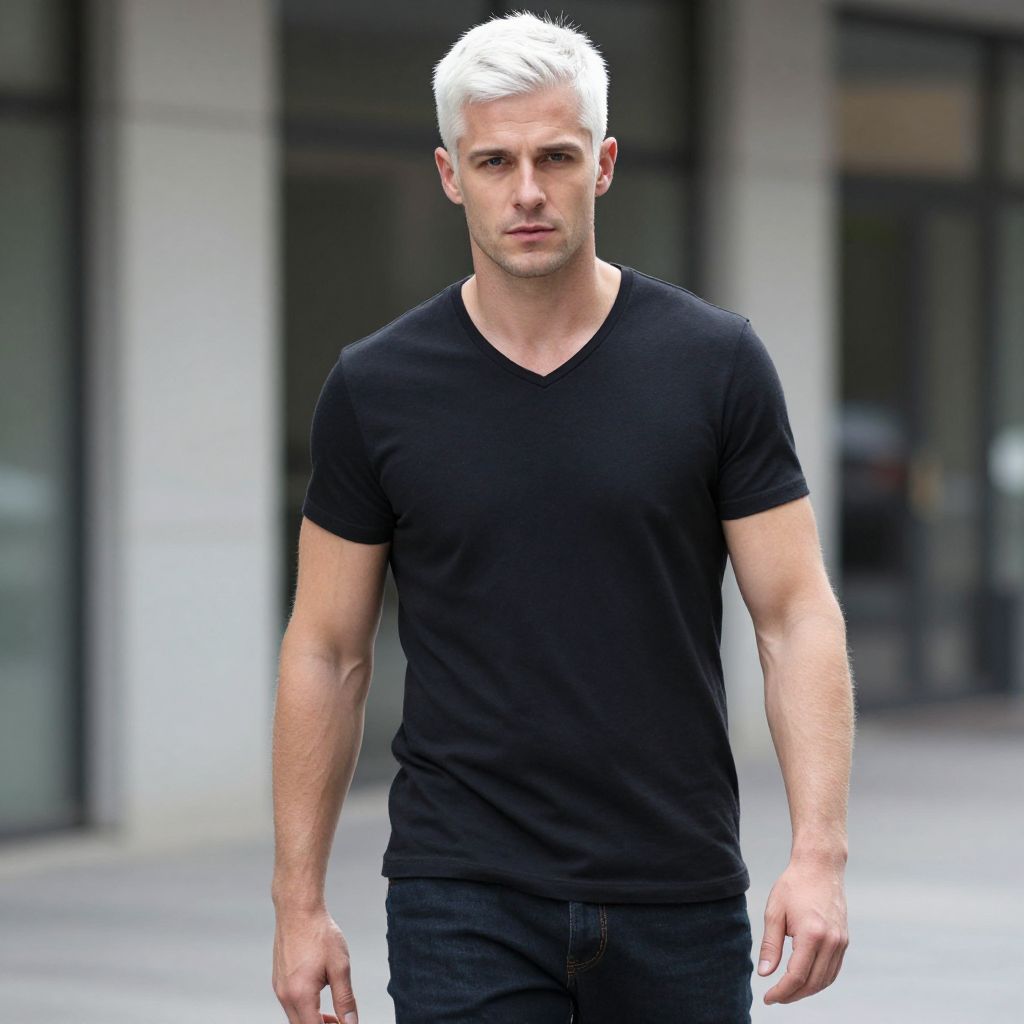 Stylish Man in Black V-Neck T-Shirt Walking Outdoors
