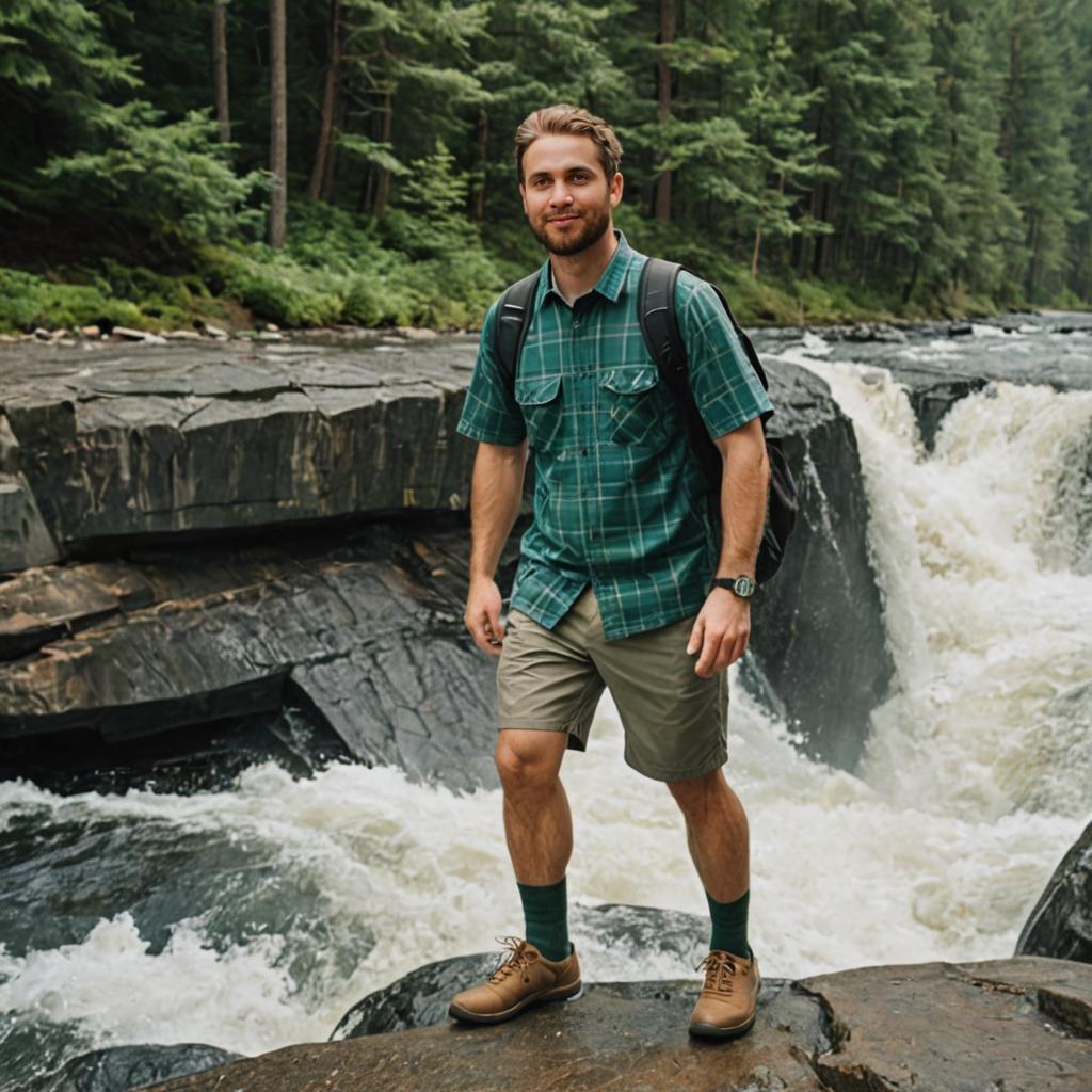 Man on Rock by Waterfall in Lush Forest