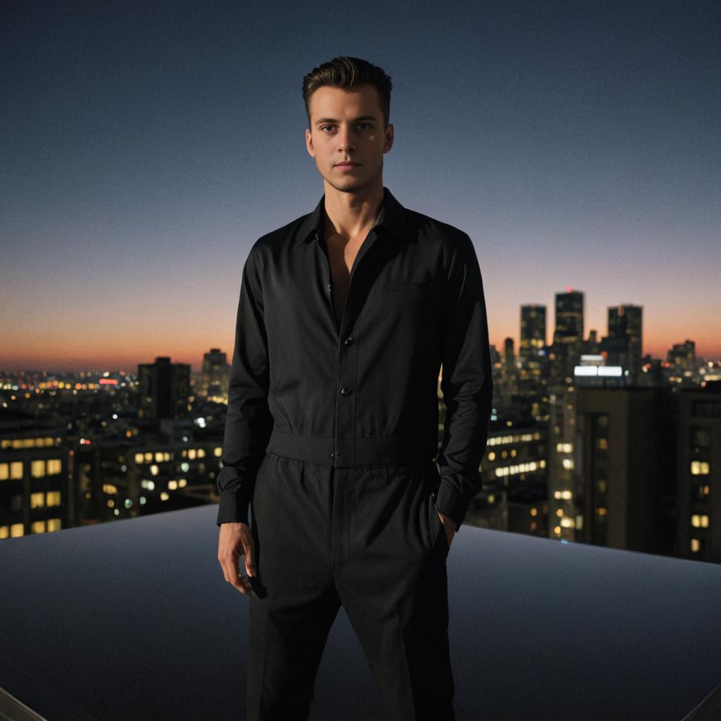 Confident Man on Rooftop at Dusk