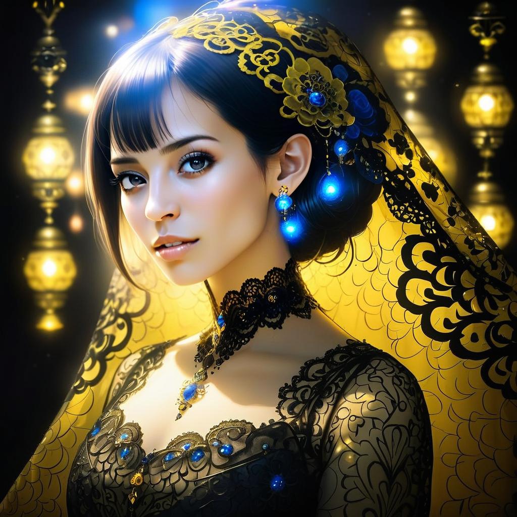Elegant Woman in Black Lace with Blue Gemstones