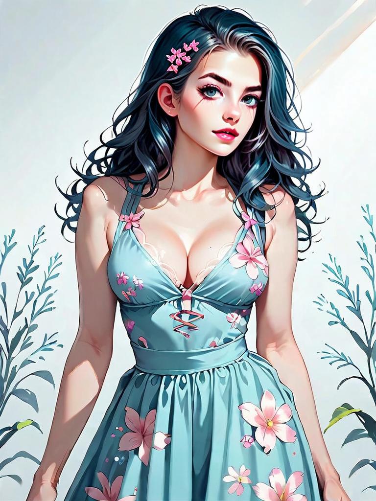 Realistic Anime Style Woman in Vibrant Coral Floral Tankini Set