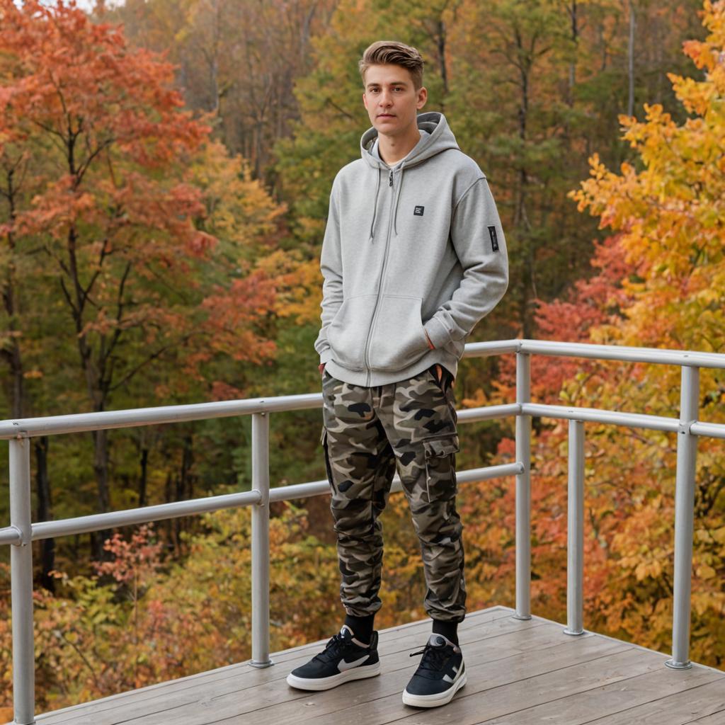 Man in Hoodie on Balcony with Autumn Colors