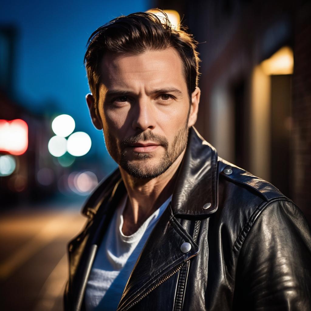 Confident Man in Leather Jacket at Twilight