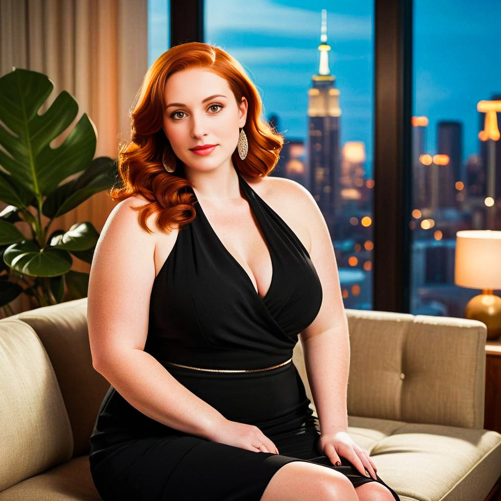 Confident woman with red hair in black dress on sofa Confident woman with red hair in black dress on sofa