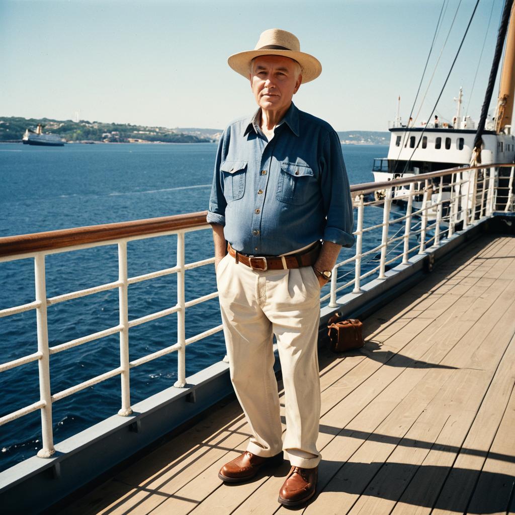 Elderly Man Standing on Ship Deck by the Sea in Straw Hat