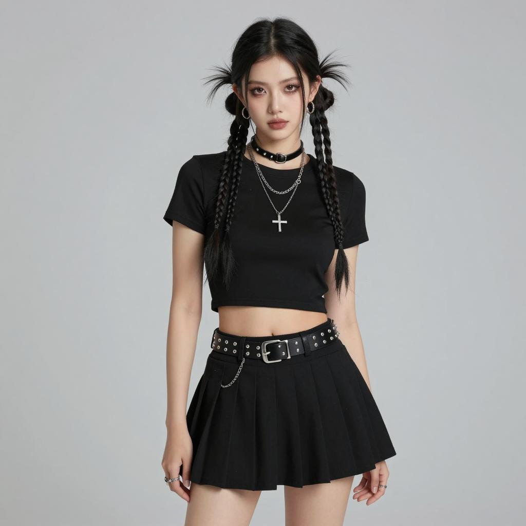 Trendy Gen Z Woman in Edgy All-Black Outfit with Braided Hair
