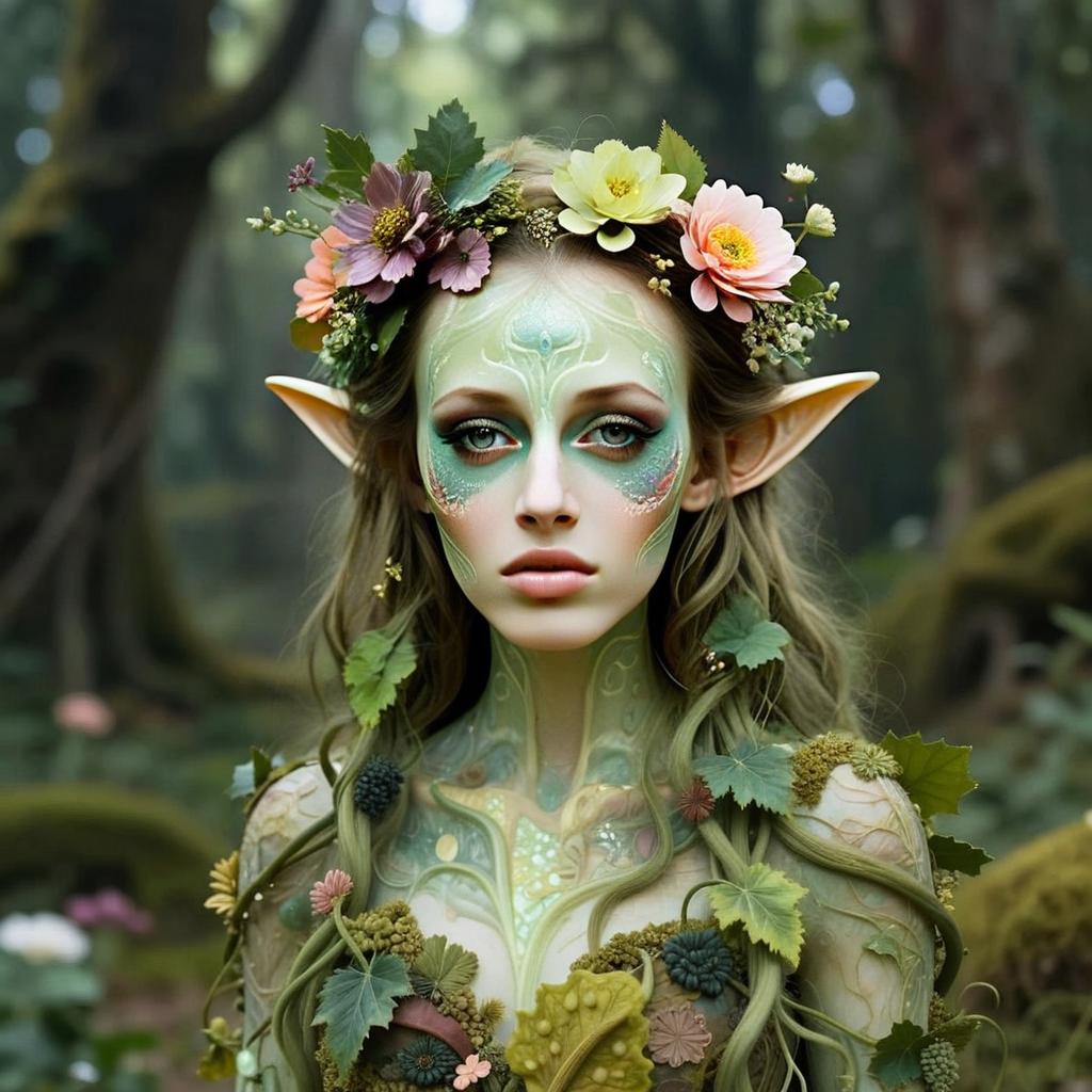 Mystical Forest Elf Woman with Floral Crown and Intricate Green Face Paint