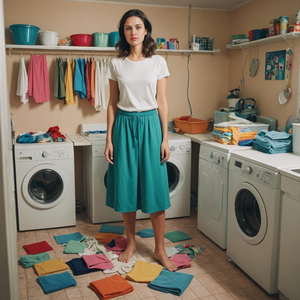 Woman Amidst Colorful Laundry in Home Laundry Room