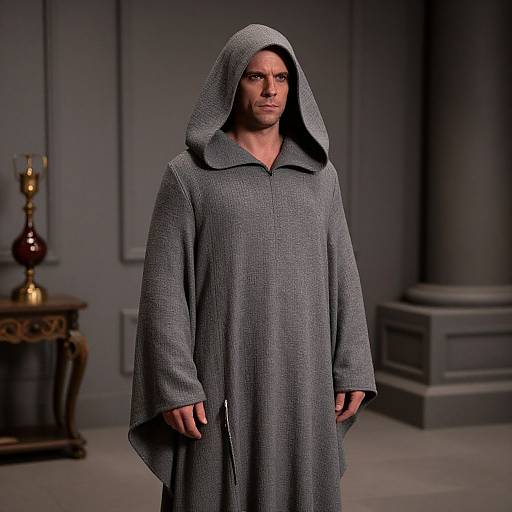 Man Wearing Grey Hooded Medieval Style Robe Indoor