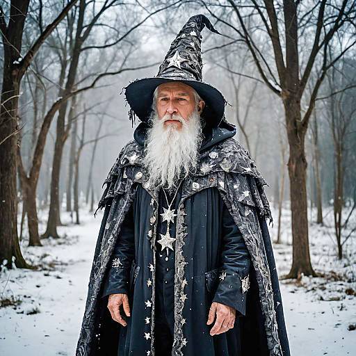 Elderly Wizard in Starry Cloak Standing in Snowy Forest