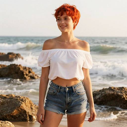 Young Woman with Red Hair in White Off-Shoulder Top and Denim Shorts on Rocky Beach