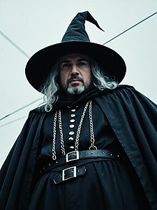 Man in Modern Witch Costume Cinematic Realism Low Angle Photo