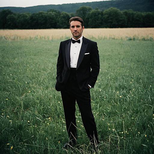 Man in Classic Black Tuxedo Standing in Green Field