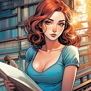 Red-Haired Woman Reading Book Urban Digital Art Illustration