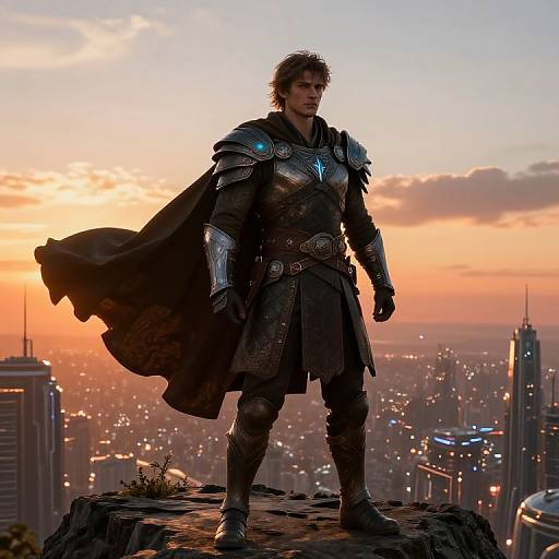 Futuristic Knight in Armor Overlooking Cityscape at Sunset