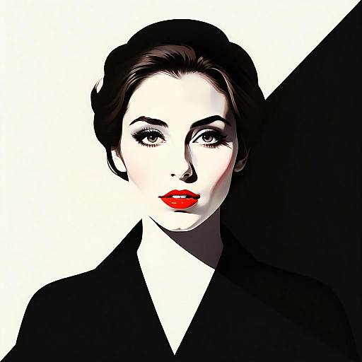 Minimalist Black and White Digital Portrait of Woman with Red Lipstick Gen Z Style