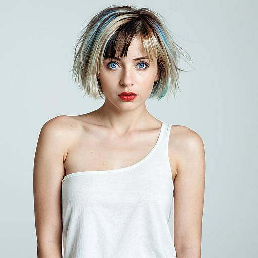 Portrait of Woman with Blue Eyes and Blonde Hair in White One-Shoulder Top