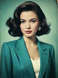 Vintage 1950s Style Woman in Teal Blazer Realistic Portrait