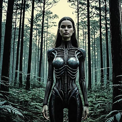 Futuristic Woman in Biomechanical Suit Standing in Forest