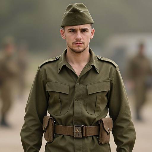 Young Man in Vintage Olive Green Military Uniform Portrait