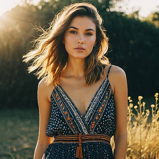 Young Woman in Patterned Summer Dress Outdoors in Golden Hour Light