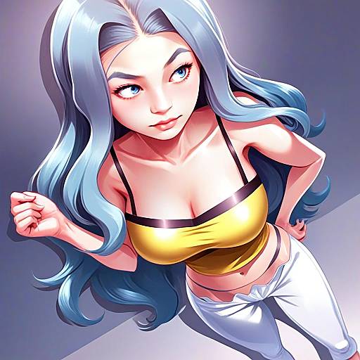 Karen Inspired Anime Woman with Silver Hair in Yellow Crop Top