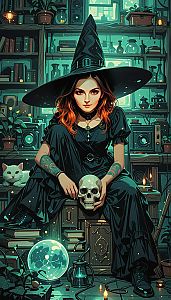 Witch with Red Hair and Tattoos in Mystic Room