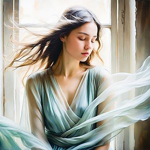 Serene Portrait of a Woman in Flowing Fabrics