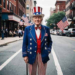 Elderly Man in Patriotic Outfit at City Celebration
