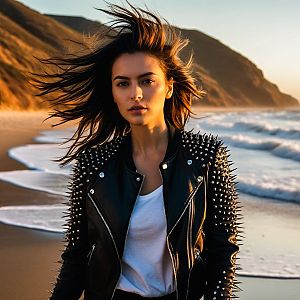 Confident Woman on Beach at Sunset