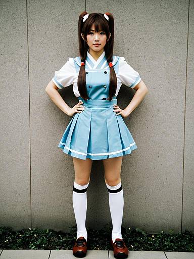 Japanese Schoolgirl Woman in Blue Uniform with Twin Pigtails