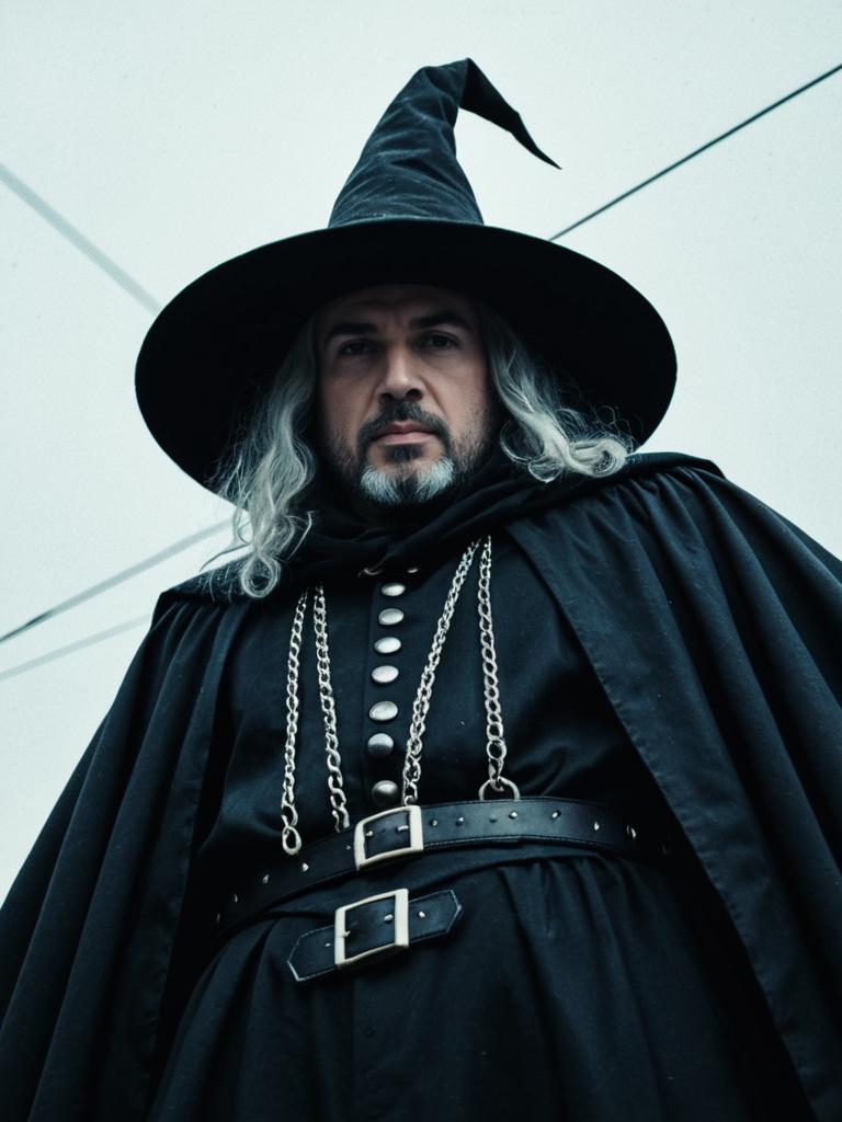 Man in Modern Witch Costume Cinematic Realism Low Angle Photo