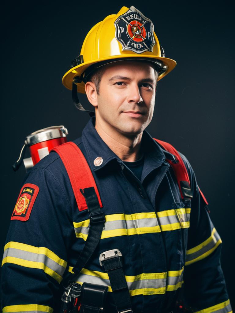 Man in Firefighter Costume Professional Cosplay Studio Headshot