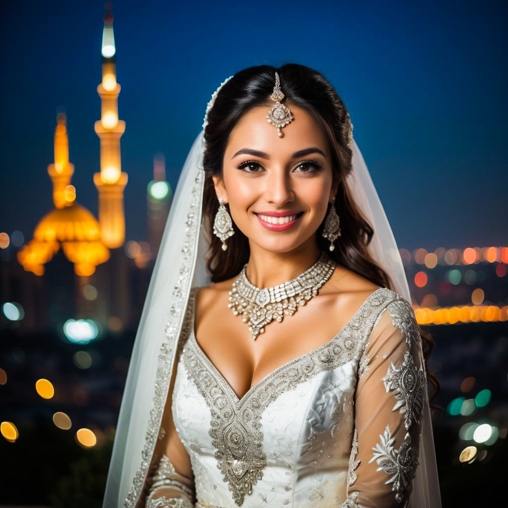 Radiant Bride in Embroidered Gown Against Night City Lights