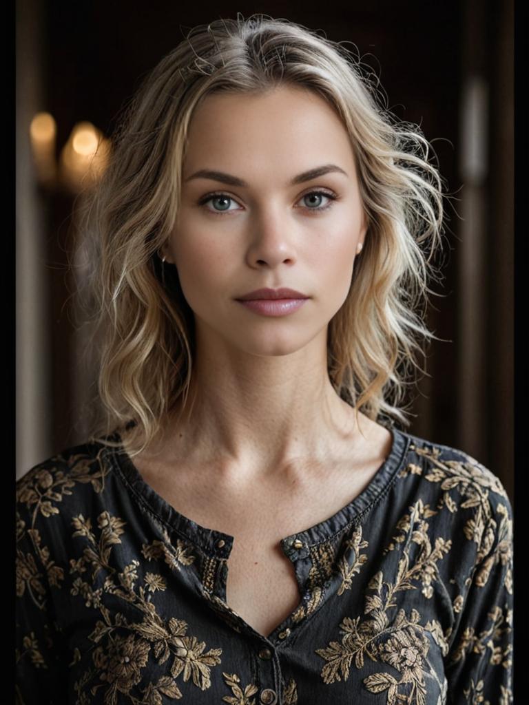 Woman in black top with golden floral embroidery