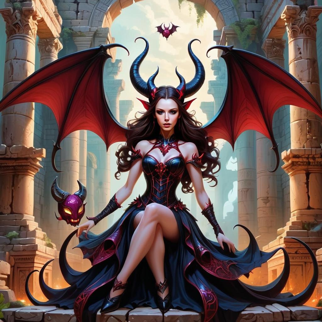 Powerful Woman with Bat Wings and Horns in Ancient Ruins