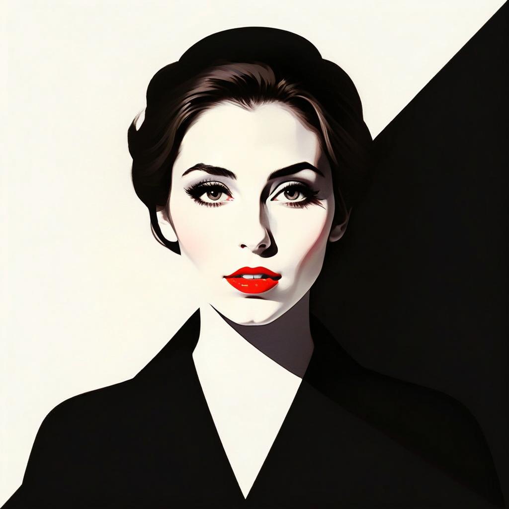 Minimalist Black and White Digital Portrait of Woman with Red Lipstick Gen Z Style